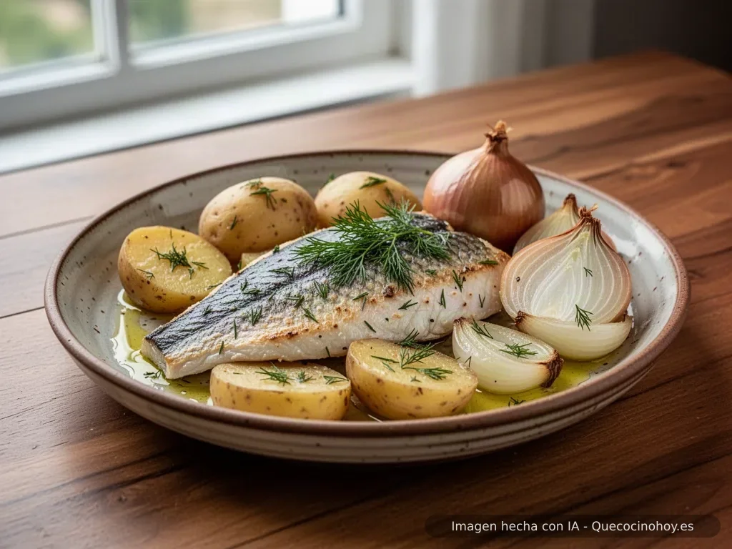 Receta de corvina al horno con patatas y cebolla