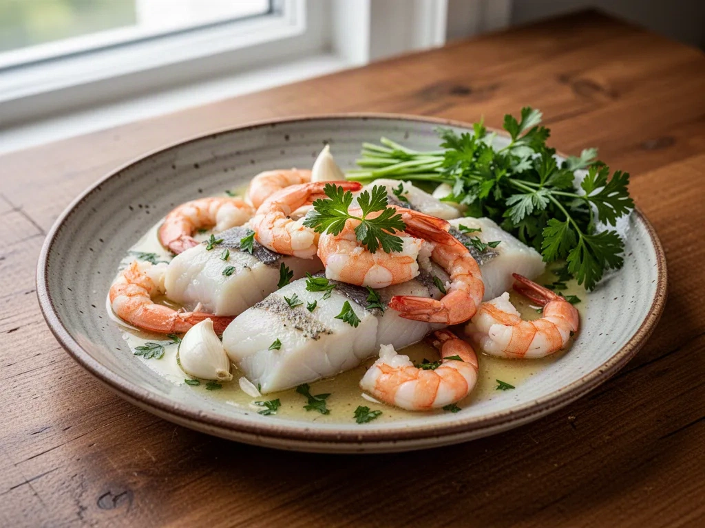 Receta de merluza con gambas al ajo y perejil