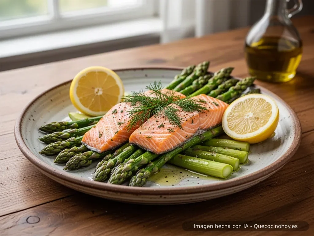 Receta de salmón al horno con espárragos y eneldo