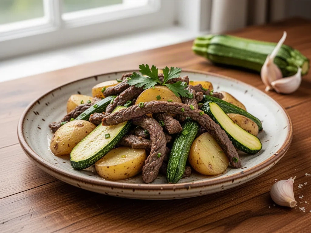 Receta de ternera con patatas y calabacín salteados