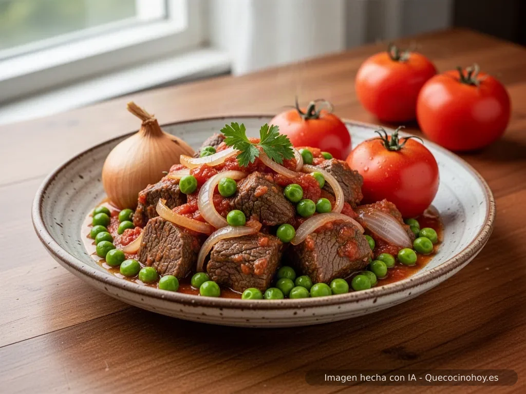 Receta de ternera guisada con cebolla y tomate