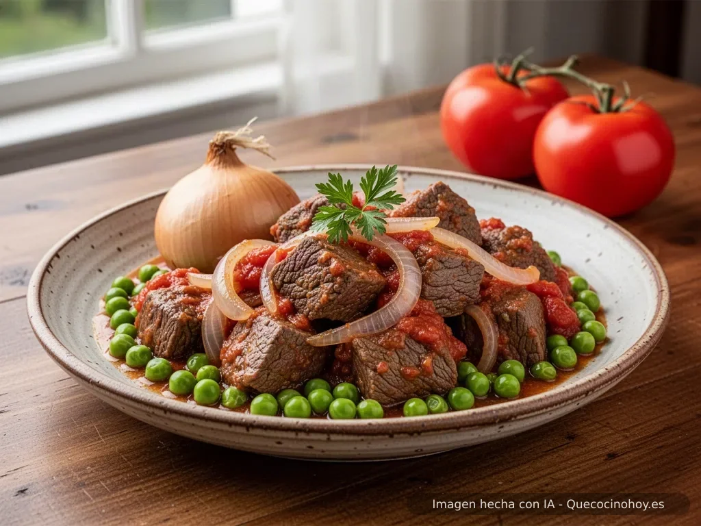 Receta de ternera guisada con cebolla y tomate