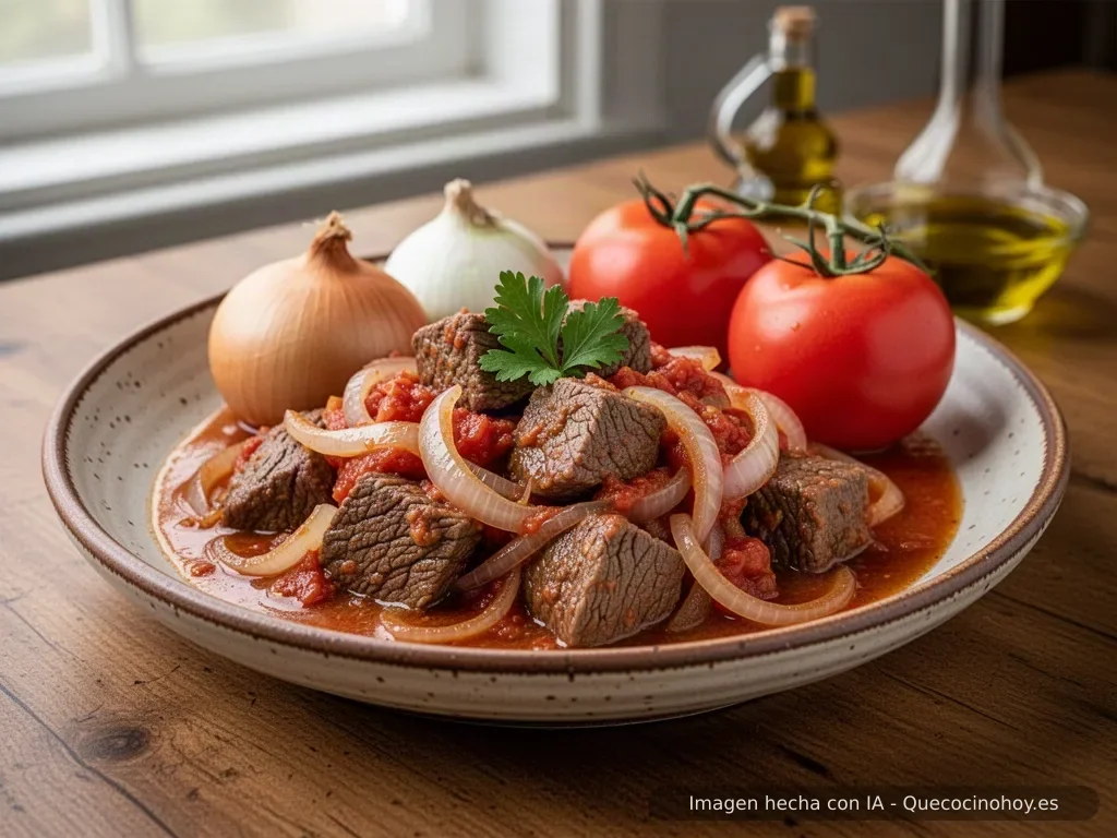 Receta de ternera guisada con cebolla y tomate
