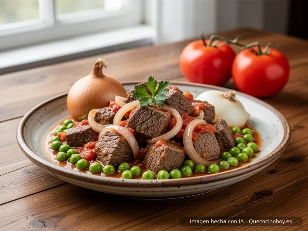 Receta de ternera guisada con cebolla y tomate