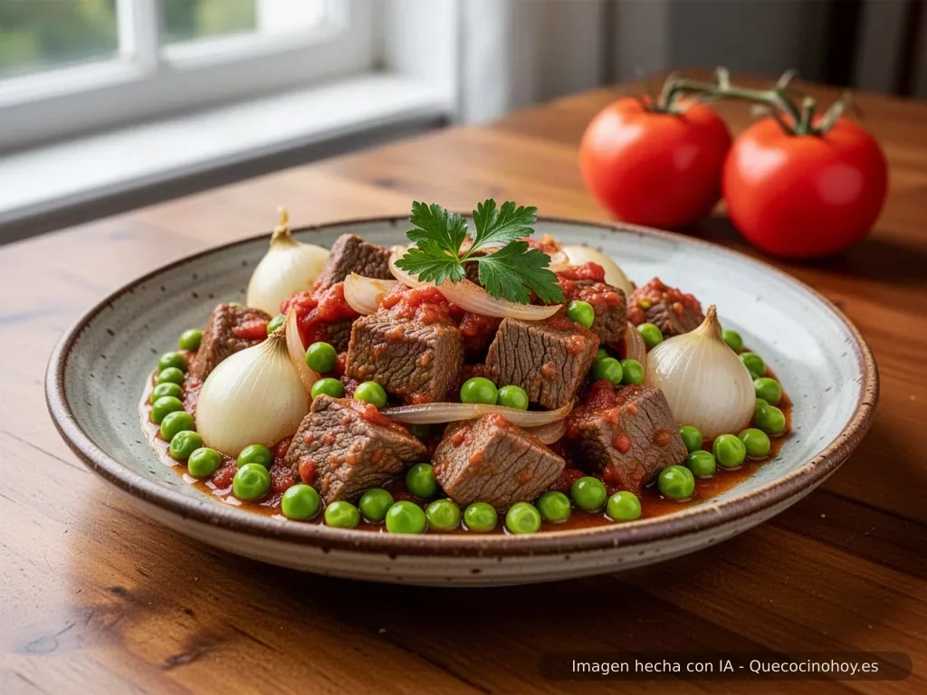 Receta de ternera guisada con cebolla y tomate