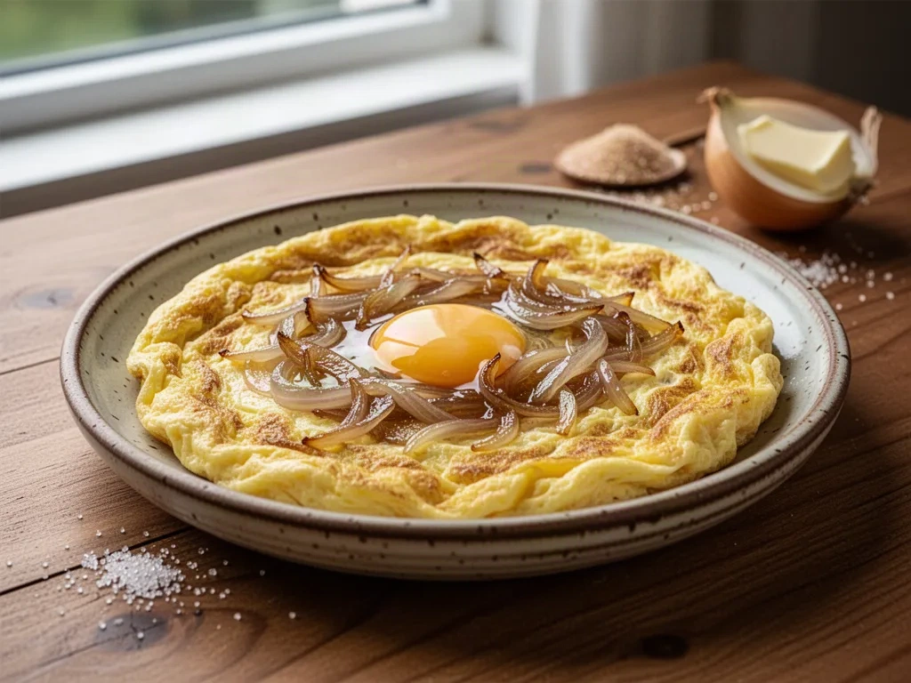 Receta de tortilla francesa cremosa con cebolla caramelizada
